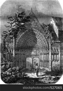 The Moutier Ahun in the Creuse department, The twelfth century portal, vintage engraved illustration. Magasin Pittoresque 1847.