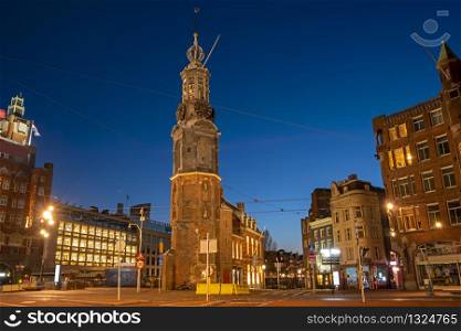 The Munt tower in Amsterdam the Netherlands at sunset