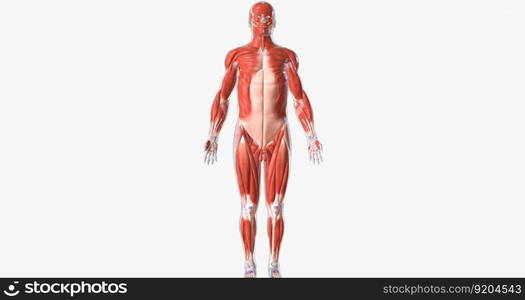 The musculoskeletal system contains the muscles and bones of the body. 3D rendering. The musculoskeletal system contains the muscles and bones of the body.