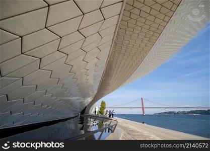 the Museu de Arte, Arquitetura and Tecnolocia or MAAT at the Rio Tejo in Belem near the City of Lisbon in Portugal. Portugal, Lisbon, October, 2021