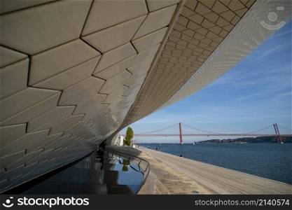 the Museu de Arte, Arquitetura and Tecnolocia or MAAT at the Rio Tejo in Belem near the City of Lisbon in Portugal. Portugal, Lisbon, October, 2021