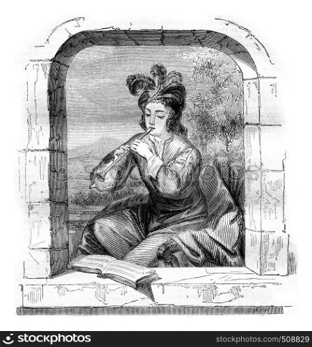 The Museum of Orleans, The flute player, vintage engraved illustration. Magasin Pittoresque 1843.