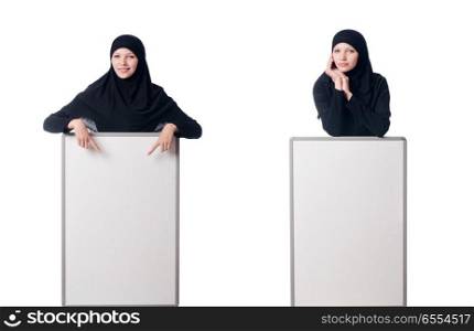 The muslim woman with blank board on white. Muslim woman with blank board on white. The muslim woman with blank board on white