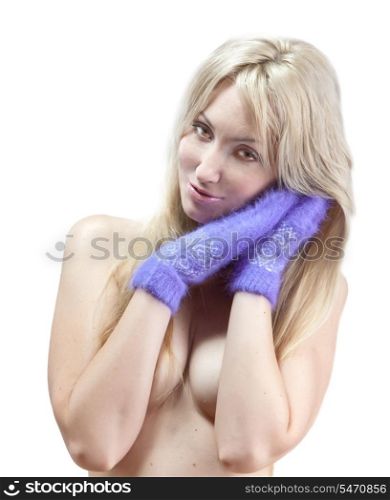 The naked young woman in fluffy mittens