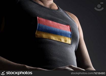 The national flag of Armenia on the athlete’s chest.. The national flag of Armenia on the athlete’s chest