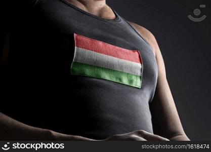The national flag of Bulgaria on the athlete’s chest.. The national flag of Bulgaria on the athlete’s chest