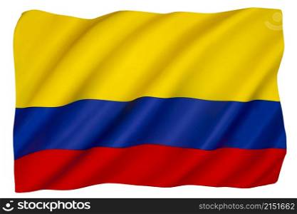 The national flag of Colombia. Adopted on 20th July 1810 when Colombia gained independence from Spain. Isolated on a white background for cut out.