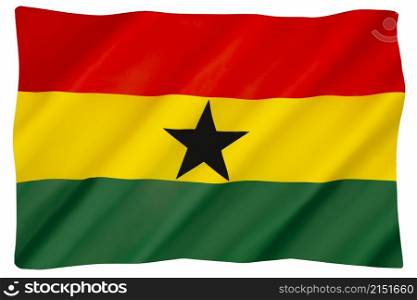 The national flag of Ghana. Designed in 1957 and adopted the same year when Ghana attained its independence. It uses of the Pan-African colours of red, gold, and green. Isolated on a white background for cut out.