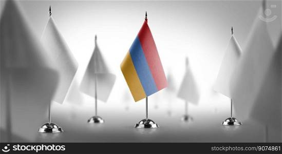 The national flag of the Armenia surrounded by white flags.. The national flag of the Armenia surrounded by white flags
