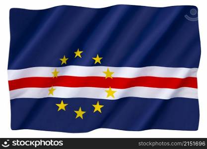 The national flag of the Cape Verde Islands - adopted on 22 September 1992, replacing the flag adopted during Cape Verdean independence, fought for with Guinea-Bissau, another former Portuguese colony on mainland West Africa. Isolate on white for cut out.