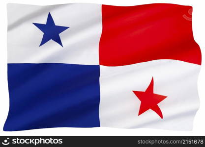 The national flag of the Republic of Panama. Often used as a flag of convenience. This is the flag of a country under which a ship is registered in order to avoid financial charges or restrictive regulations in the owner&rsquo;s country. Isolated on white.