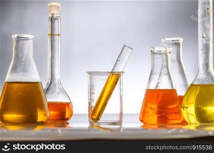 the natural product extract, oil and biofuel solution, in the chemistry laboratory