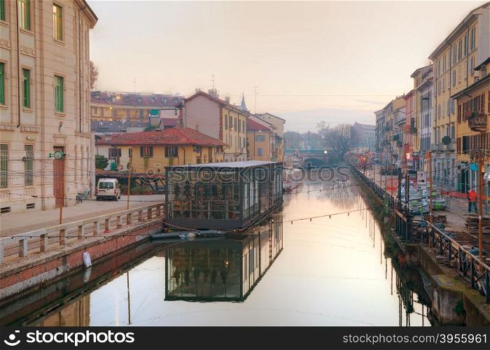 The Naviglio Grande canal in Milan, Italy at sunrise