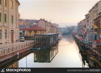The Naviglio Grande canal in Milan, Italy at sunrise