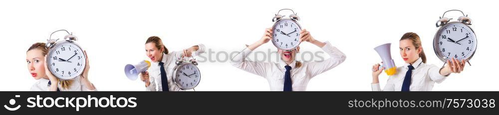 The nerd businesswoman with gian alarm clock. Nerd businesswoman with gian alarm clock