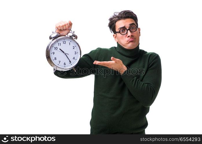 The nerd young money with giant clock isolated on white. Nerd young money with giant clock isolated on white. The nerd young money with giant clock isolated on white