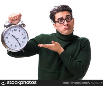The nerd young money with giant clock isolated on white. Nerd young money with giant clock isolated on white