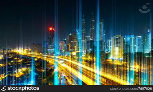 The network light came out from the ground ,modern city with wireless network connection concept , abstract communication technology image visual .