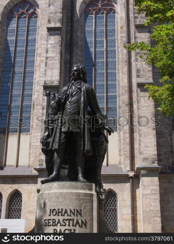 The Neues Bach Denkmal meaning new Bach monument stands since 1908 in front of the St Thomas Kirche church where Johann Sebastian Bach is buried in Leipzig Germany