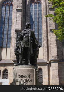 The Neues Bach Denkmal meaning new Bach monument stands since 1908 in front of the St Thomas Kirche church where Johann Sebastian Bach is buried in Leipzig Germany