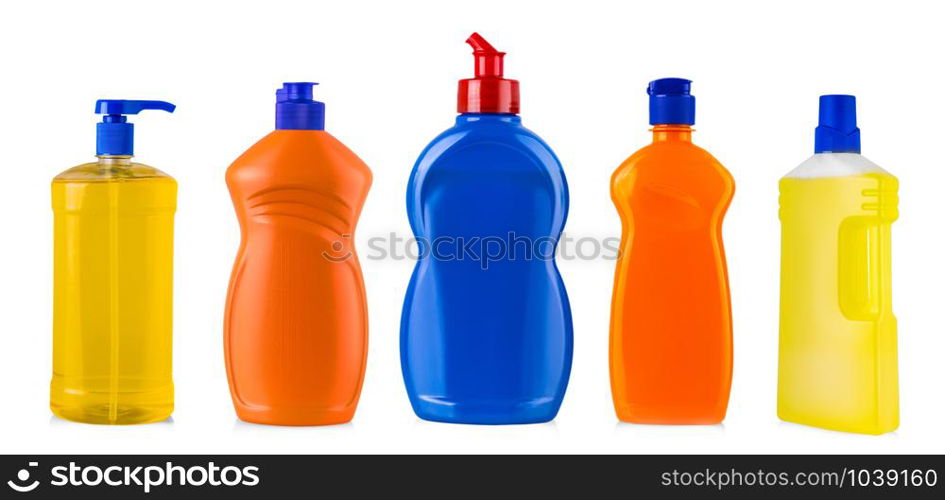 The new colored kitchen cleaning bottles isolated. colored plastic bottle with liquid laundry detergent, cleaning agent, bleach or fabric softener