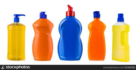 The new colored kitchen cleaning bottles isolated. colored plastic bottle with liquid laundry detergent, cleaning agent, bleach or fabric softener