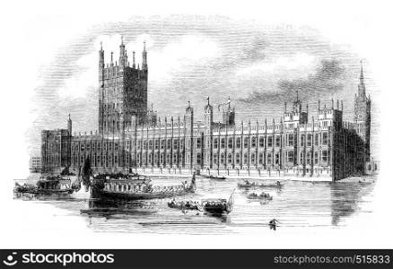 The new Houses of British Parliament, vintage engraved illustration. Magasin Pittoresque 1844.