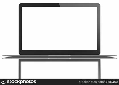 The new Laptop is thinner and lighter with blank white screen. Isolated on white background