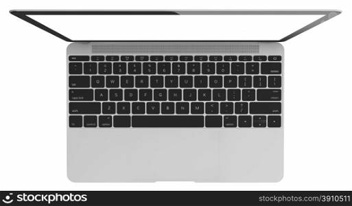 The new Laptop is thinner and lighter with blank white screen. Isolated on white background