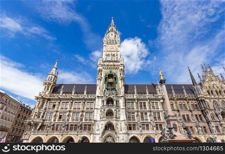 The New Town Hall of Munich - Neue Rathaus, XIX century neo-Gothic style palace in Marienplatz, the town square in historic center. Germany, Europe