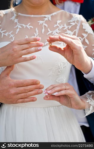 The newlyweds wear wedding rings to each other at the same time.. Simultaneous dressing of wedding rings at different levels 4273.