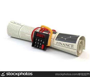 The newspaper with financial news and clockwork, isolated on a white background. The concept of information warfare. 3d illustration.