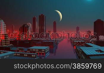 The night city shines multi-colored fires. Streets are covered with water. In water structures and fires are reflected. The horizon is shrouded red being shone a fog. In the night sky the major planet hangs.