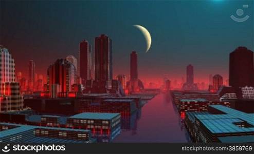 The night city shines multi-colored fires. Streets are covered with water. In water structures and fires are reflected. The horizon is shrouded red being shone a fog. In the night sky the major planet hangs.