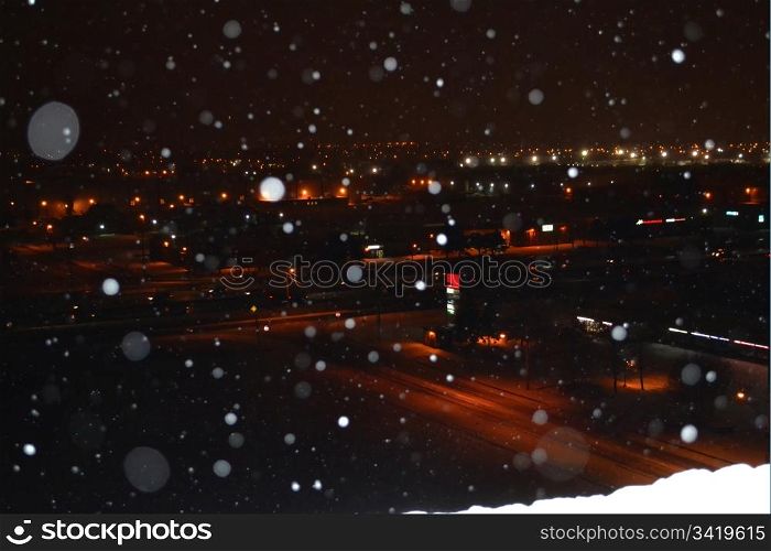 The night few of heavy snowfall taken from above of the QEW in HamiltonOntario, Canada.