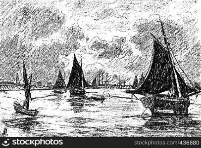 The night in the harbor, after the table of Mr. Bellet Posat, vintage engraved illustration. Journal des Voyages, Travel Journal, (1879-80).
