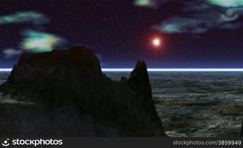 The night sky, bright stars, float multi-colored clouds. Over the horizon the covered white fog the bright red object (UFO) flies and quickly comes nearer.