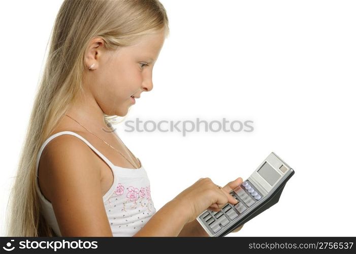 The nine-year girl the blonde with the calculator. It is isolated on a white background