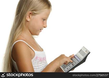 The nine-year girl the blonde with the calculator. It is isolated on a white background