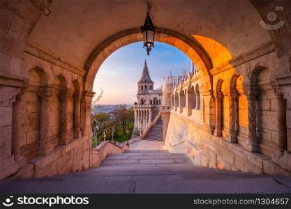 The north gate of the Fisherman&rsquo;s Bastion in Budapest - Hungary at morning