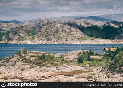 The North Sea coastline of southwestern Norway, Norwegian rocky coast landscape. Tourist county route road 44.. The North Sea coastline in Norway