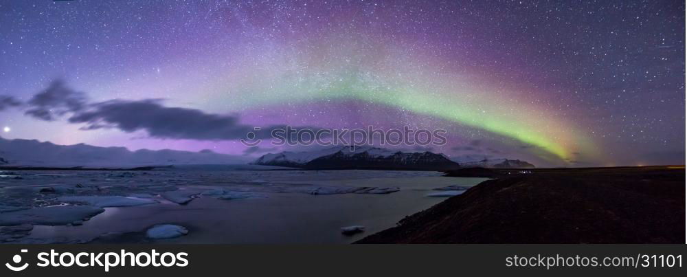 The Northern Light Aurora borealis at Jokulsarlon Glacier Lagoon Iceland Panorama