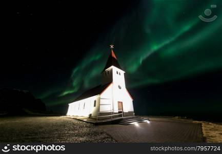 The Northern Light Aurora borealis at Vik Church Iceland