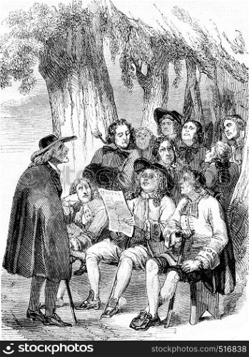 The Novelists under the tree Krakow, Caricature of the eighteenth century, vintage engraved illustration. Magasin Pittoresque 1844.