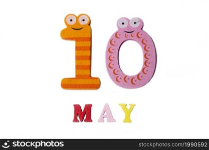 The number ten and the word may on a white background. Calendar.. The number ten and the word may on a white background.