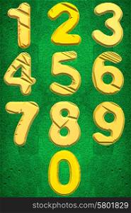 The numbers one, till nine and followed by a zero in golden yellow colour on a green velvety background