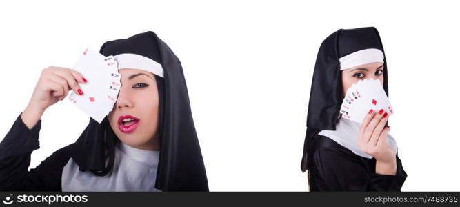 The nun playing cards on white. Nun playing cards on white