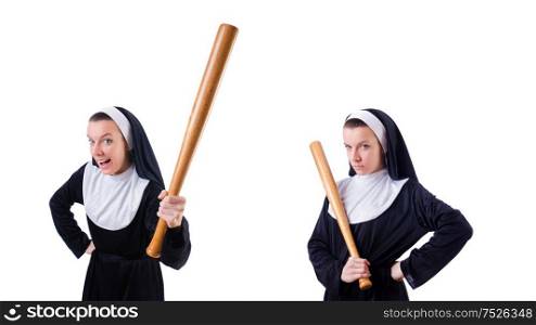 The nun with baseball bat on white. Nun with baseball bat on white