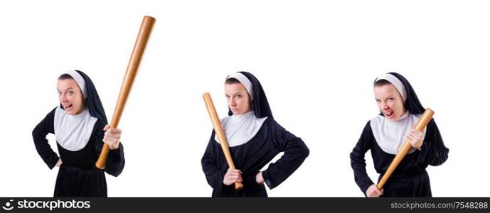 The nun with baseball bat on white. Nun with baseball bat on white