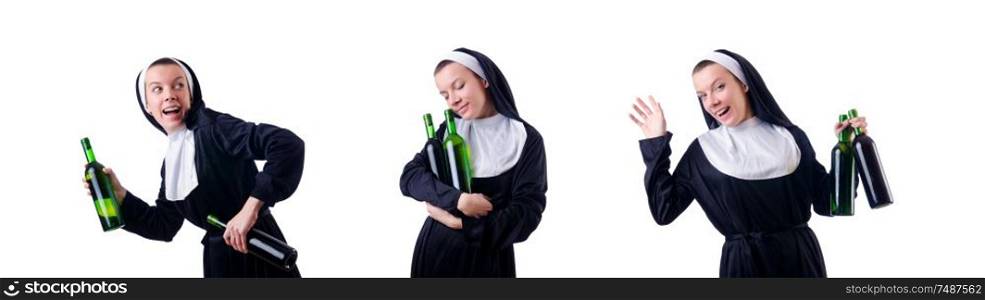 The nun with bottle of red wine. Nun with bottle of red wine